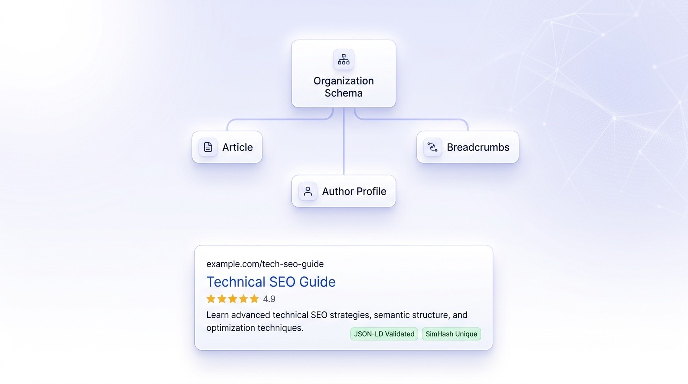 Clean semantic knowledge graph connecting Organization, Article, Author schema nodes and Google rich snippet preview