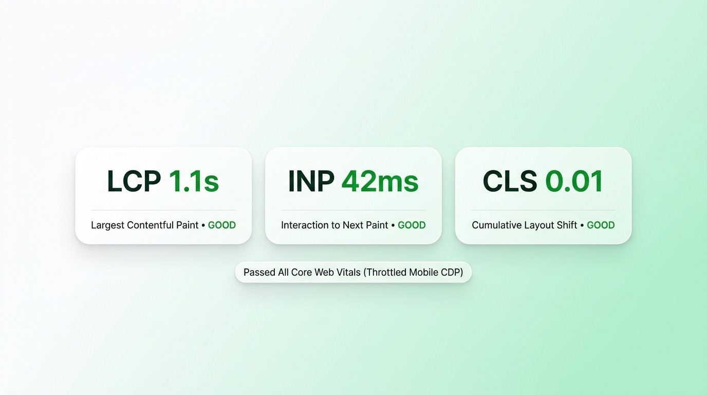 Core Web Vitals status card showing LCP 1.1s, INP 42ms, and CLS 0.01 in passing green status
