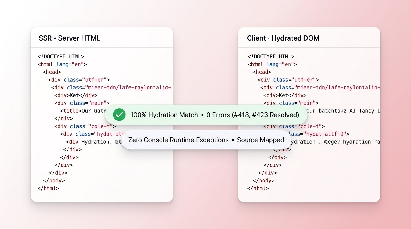 Developer code inspection card showing SSR server HTML and client hydrated DOM matching with zero React hydration errors