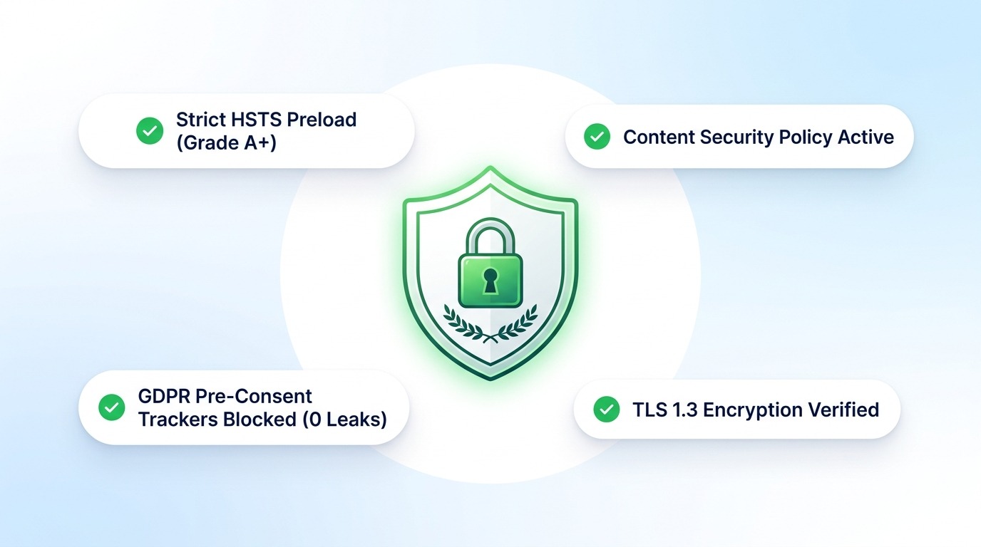 Defensive security shield graphic showing Strict HSTS preload, Content Security Policy, TLS 1.3, and blocked pre-consent trackers