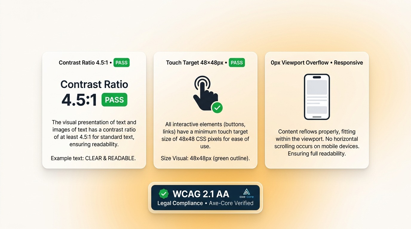 Accessibility standards graphic showing 4.5:1 text contrast ratio, 48x48px mobile touch targets, and responsive 0px overflow